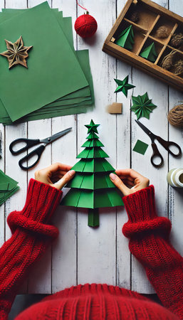 Woman making christmas tree from craft paper on wooden table, top viewの写真素材