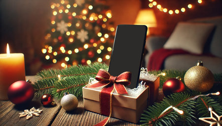 Smartphone with blank screen and christmas decoration on wooden table.の写真素材