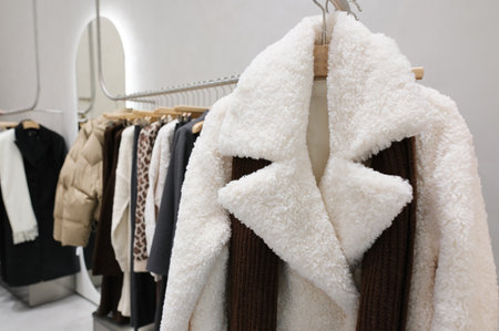 set of white and color women's clothes on hangers, a concept for fashion and shoppingの写真素材