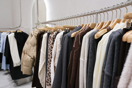 set of white and color women's clothes on hangers, a concept for fashion and shoppingの写真素材
