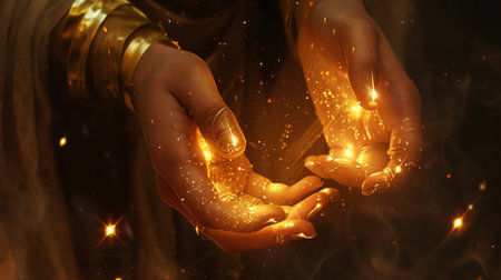 Woman's hands with golden magical light, full of glowing energyの素材
