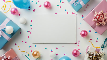 Greeting card, festive decor with Gift boxes wrapped with ribbon. Top view with copy space. Flat lay.の素材