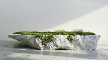 Abstract minimal scene - empty stage, stone podium with mossの素材