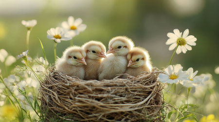 baby chicks huddled together in a small nest, with delicate spring flowersの素材