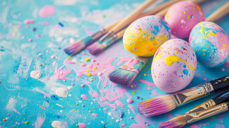 messy but artistic arrangement of half-dyed Easter eggs, splattered paint, and brushes, on a textured background with a vibrant spring feelの素材