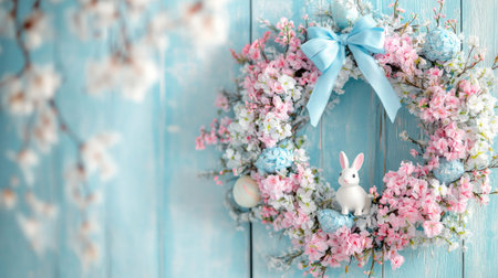 pastel-colored Easter wreath featuring ribbons and miniature bunny figurines, hanging on a blue whitewashed wallの素材