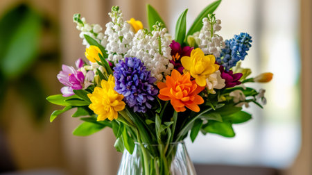 A bouquet of mixed spring flowers like hyacinths, crocuses, and lilies of the valley, arranged in a clear vase, bright natural light from a windowの素材