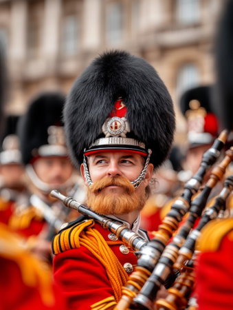 A close-up of a bagpipe being played, with the pipesの素材