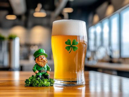 4. A pint of beer with clover-shaped foam, placed next to a leprechaun figurine --chaos 50 --ar 4:3 --style raw --profile th763cs --stylize 450 --v 6.1 Job ID: fbbccf42-40bb -4f35-981c-beb3fbfff46cの素材