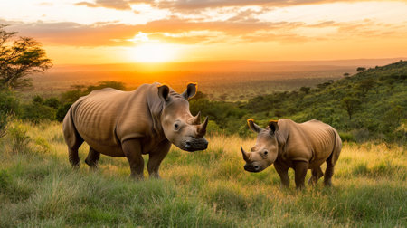 4. A pair of rhinoceroses moving through a grassy plain at sunset --chaos 50 --ar 16:9 --style raw --profile th763cs --stylize 450 --v 6.1 Job ID: e6234a55-de02-4a8b-a55a- 73e840ef3810の素材