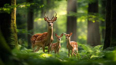 A family of deer grazing in a forest surrounded by spring foliageの素材