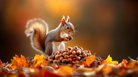 squirrel climbing a tree, with a pile of acornsの素材