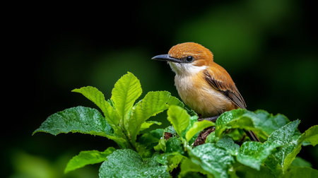 A small bird perched on a branch, with bright green leaves surroundingの素材