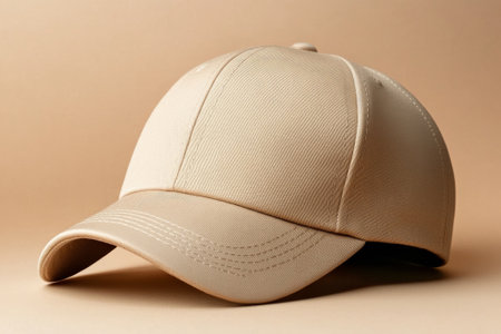 Close-up of beige children's cap mockup, resting on soft, neutral-colored backdropの素材