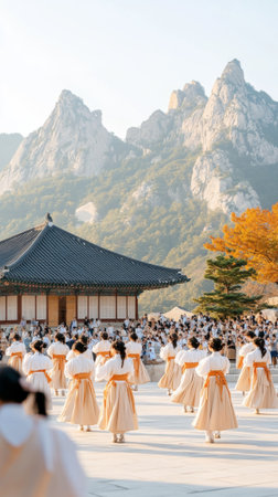 group of women dressed in hanbok, performing traditional Korean dance or bowing, with scenic temple in backgroundの素材