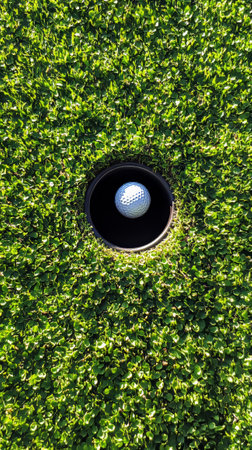 golf ball on edge of hole, showing dimples and texture against vivid green grassの素材