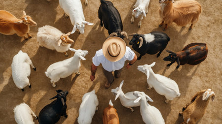 farm manager organizing group of goats in fenced farm, top viewの素材