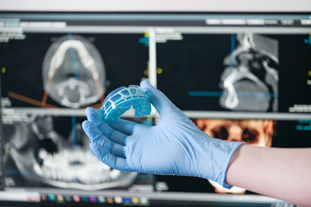 Orthodontic hand hold blue silicone mouth guard.の写真素材