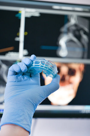 Orthodontic hand hold blue silicone mouth guard.