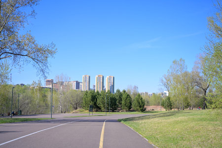 asphalt path for pedestrians and bicycles in the city park of Krasnoyarsk on a sunny spring day