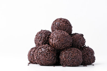 Handmade round chocolate truffles coated with fine chocolate shavings, arranged in neat pile on...