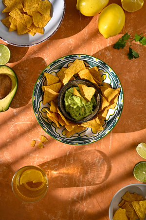 Top view of plate with guacamole and nachos on bright background. Mexican appetizer, festive snack...