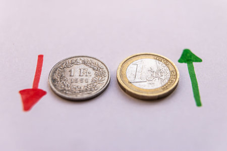 Euro and Swiss Franc coins, price trend. Euro which strengthens, Franco which weakens. Euro vs CHF.