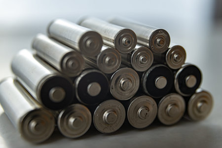 Batteries arranged on top of each other, on a light surface. Batteries, energy and respect for the...