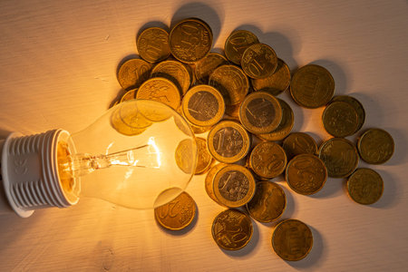 Lit light bulb with coins beside it. Increase in energy tariffs. Efficiency and energy saving.