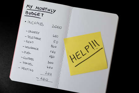 Blank notebook, with monthly budget and calculations, and card with "help" text. Rising living expenses, and inflation.の写真素材