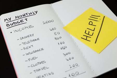 Blank notebook, with monthly budget and calculations, and card with "help" text. Rising living expenses, and inflation.の写真素材