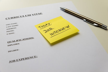 Resume form, with pen next to it, yellow ticket with "job interview" text. Job search and job interviews.の写真素材