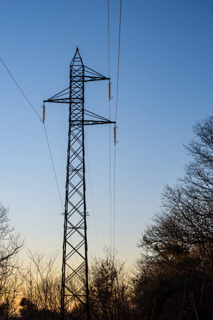 Electricity pylons, in a mountain place. Origin, transport and need for electricity. Environmental...