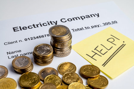 Electricity bill, with coins, jar with savings text and yellow note with help! Text. Increase in...