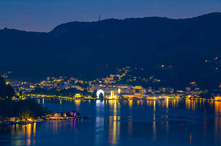 Panorama of Lake Como and the city, photographed from Cernobbio, in the evening.の写真素材