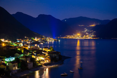 The village of Lezzeno and the panorama of Lake Como, photographed in the evening.