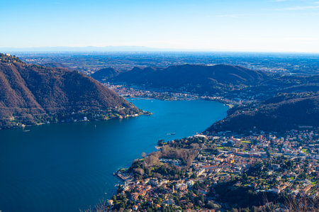 Panorama of Lake Como and the city, photographed from Cernobbio, in the day.の写真素材