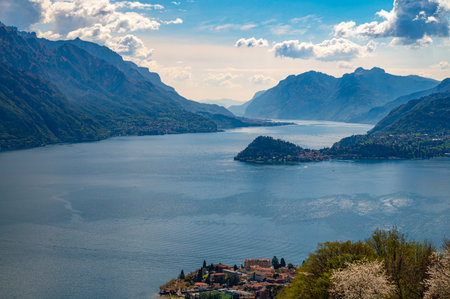 A view of Lake Como, photographed from San Rocco, with Bellagio, the mountains and the two branches of the lake.の写真素材