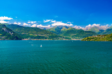 A view of Lake Como from Dorio, looking north, the mountains, the panorama.の写真素材