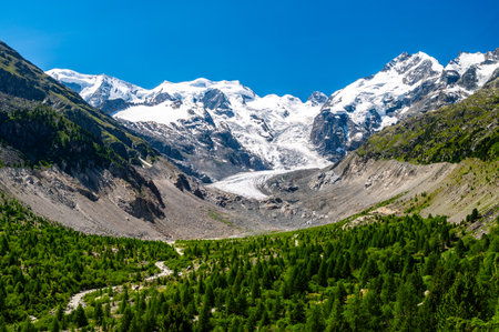 A close view of the Morteratsch Glacier, in the Engadin, Switzerland.の写真素材