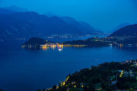The panorama of Lake Como, photographed in the evening from the church of San Martino in Griante, showing the northern grigna, the southern grigna, the branch of Lecco, Bellagio anの写真素材