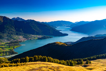 Lake Como, seen from Montemezzo, with the towns and mountains above it.
