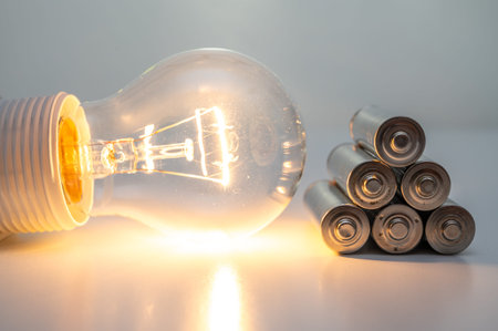 Light bulb and battery on white background, energy saving concept idea.