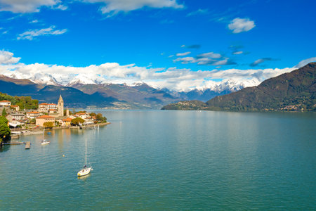 Panorama of Lake Como towards the north, with the town of Cremia and the mountains in the background.の写真素材