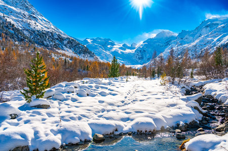 A close-up view of the Morteratsch glacier in winter, Engadin, Switzerland.の写真素材