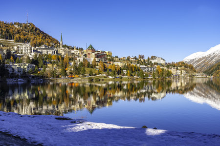 The town and lake of Santk Moritz in winter. Engadin, Switzerland.の写真素材