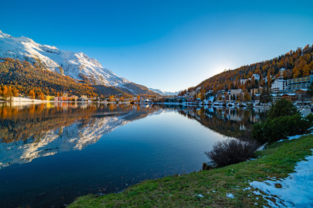 The town and lake of Santk Moritz in winter. Engadin, Switzerland.の写真素材