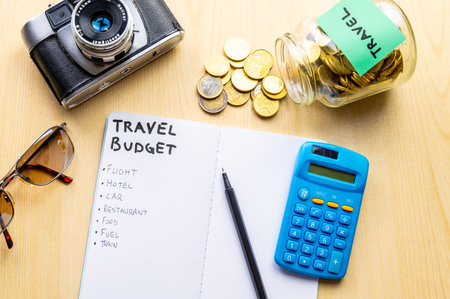 Calculator, camera, coins and notebook with the word travel planの写真素材
