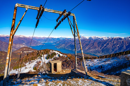 Panorama on Lake Como, with the ski lifts closed, present on Monte San Primo.の写真素材