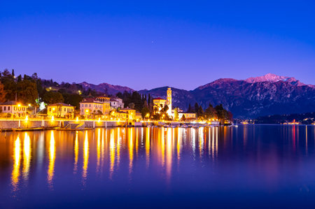 The town of Tremezzo, with its Christmas lights and decorations.の写真素材